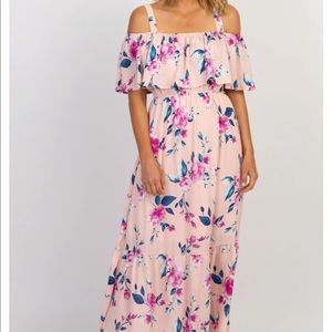Pink floral ruffle open shoulder maxi dress, PinkBlush, size XL